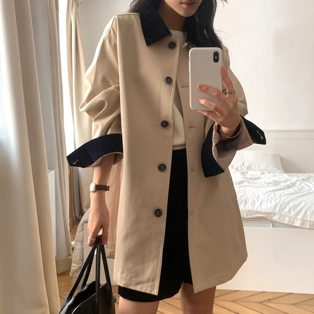 正韓配色翻領長版風衣外套-338