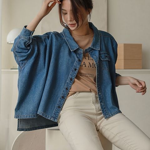 寬鬆口袋牛仔襯衫980