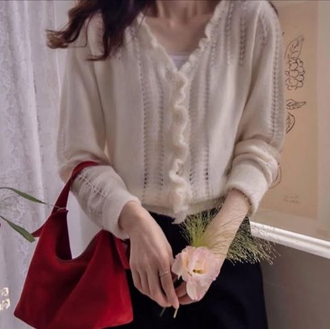 正韓荷葉滾邊甜美針織罩衫上衣-148 (3)