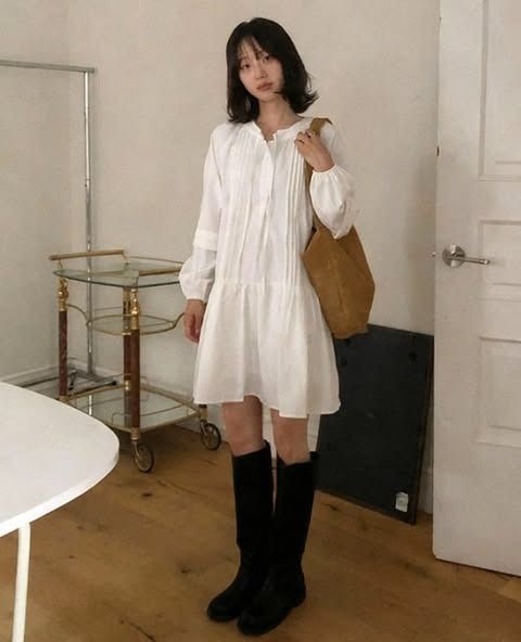 正韓壓褶修身線條長袖短洋裝｜$890 (1)