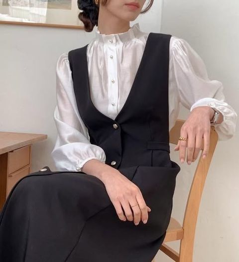 正韓法系宮廷壓褶立領襯衫上衣-198 (1)