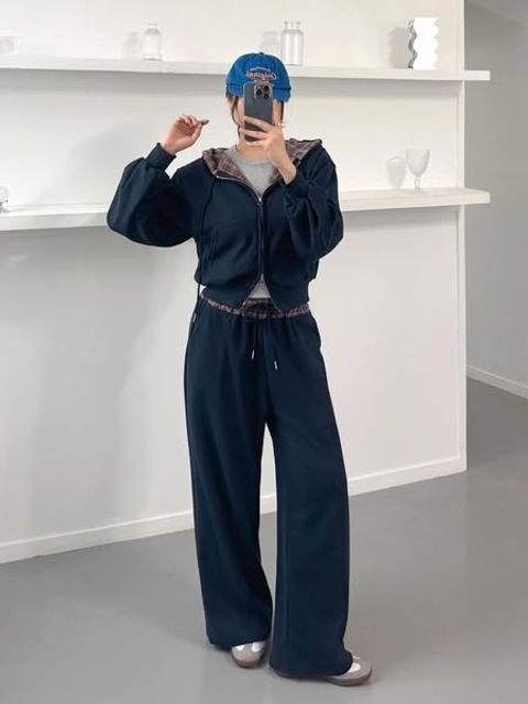 正韓內格紋連帽拉鍊外套&格紋腰長褲套裝｜$980 (3)