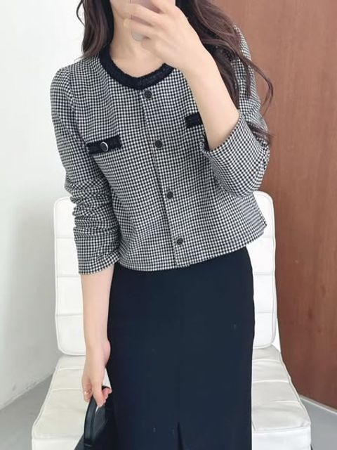 正韓小香風格紋滾邊罩衫上衣｜$890 (1)