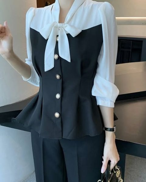 正韓領結拼接配色傘狀腰壓摺上衣 $1180 (1)