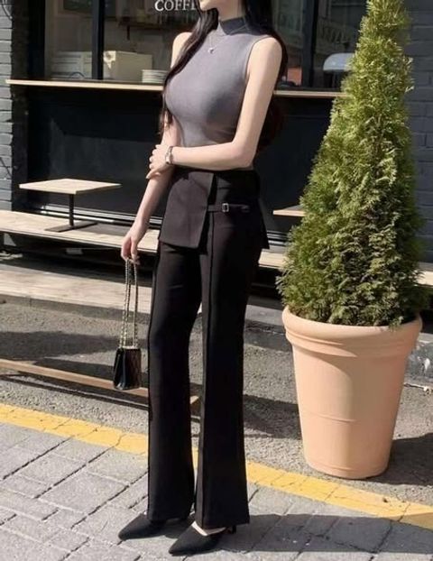 正韓短裙拼接顯瘦壓線喇叭褲｜$890 (2)
