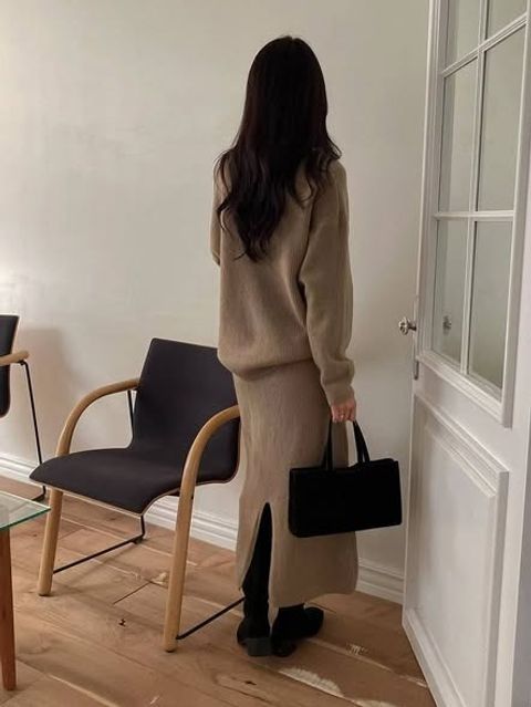 正韓V領麻花針織上&後下擺開叉長裙 套裝-148 (2)