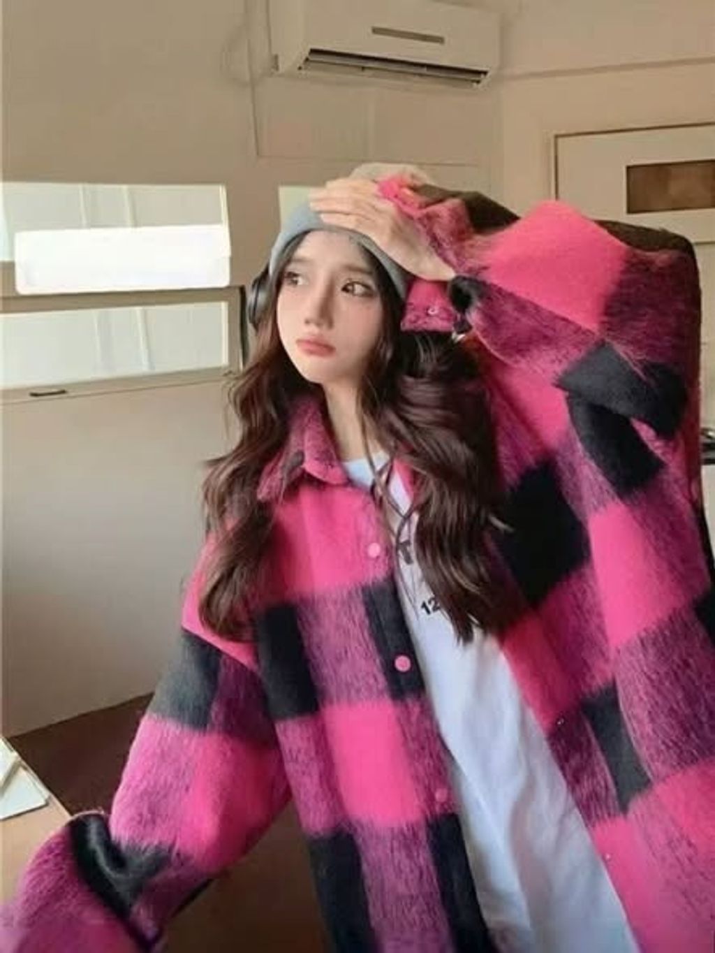 正韓配色格紋混羊毛夾克外套 _ $980 (1)