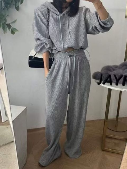 正韓細羅紋連帽收腰上衣&長褲休閒套裝｜💰$990 (1)