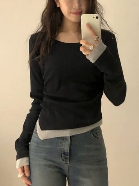 正韓腰側抓皺假兩件下擺上衣｜$990 (1)