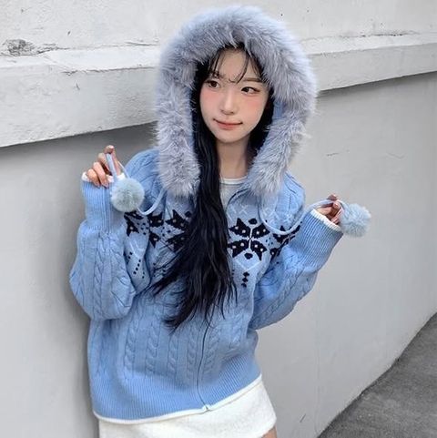 正韓雪花圖騰麻花連帽毛圈針織外套 $980 (1)