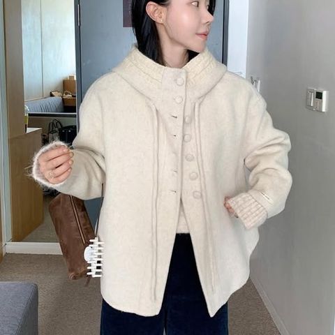 正韓毛呢拼接針織連帽外套-168 (1)