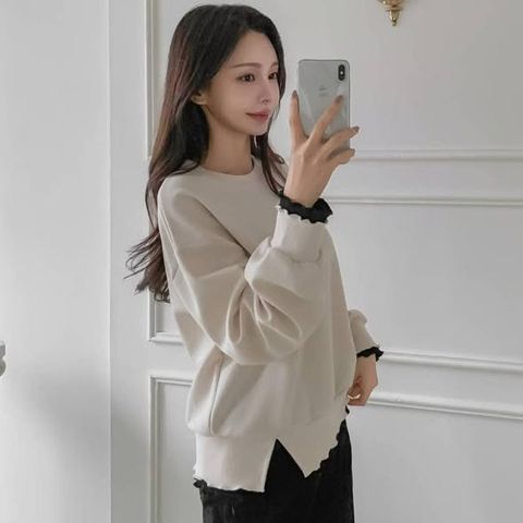 正韓拼接假兩件木耳滾邊下擺圓領上衣｜$890 (2)