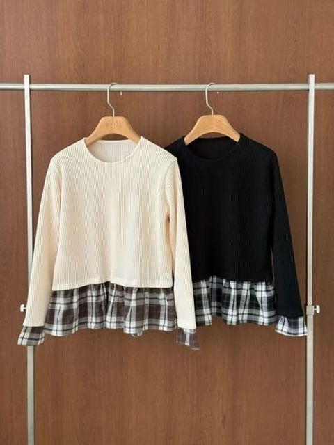 正韓拼接配色格紋下擺羅紋上衣｜$795 (1)