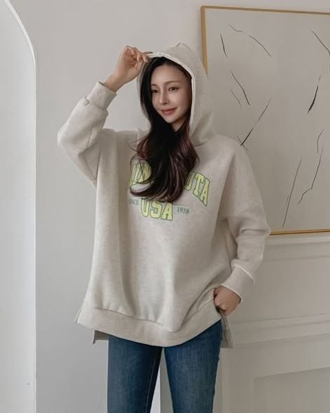 正韓USA配色內刷毛連帽長版上衣 $795 (2)