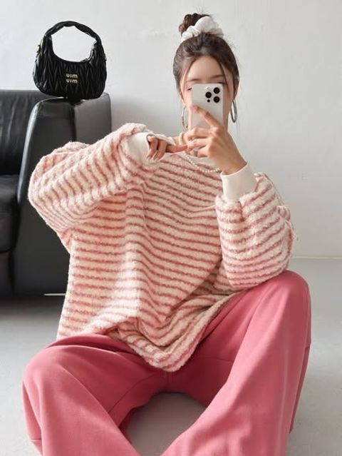 正韓加絨配色條紋寬鬆上衣｜$795 (1)