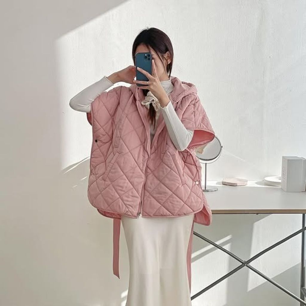 正韓甜美菱格壓紋連帽腰帶棉絨背心-148 (1)