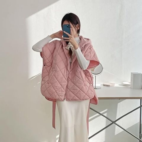 正韓甜美菱格壓紋連帽腰帶棉絨背心-148 (1)