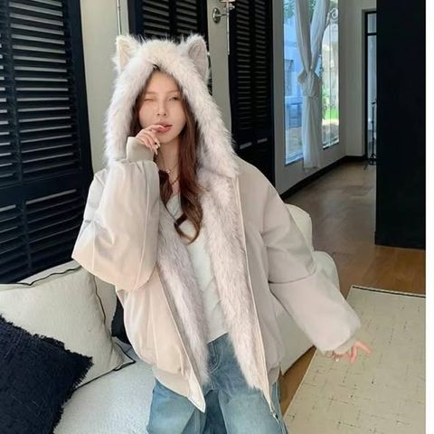 正韓 可愛毛絨絨耳朵連帽外套｜$1280 (1)