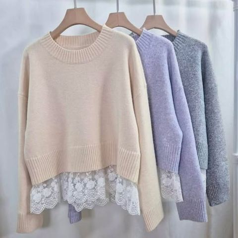 正韓拼接精緻蕾絲下擺針織毛料上衣｜$980 (1)