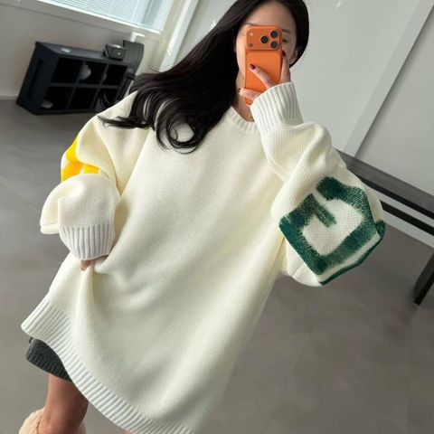 正韓塗鴉撞色英字厚織長版上衣-168-5