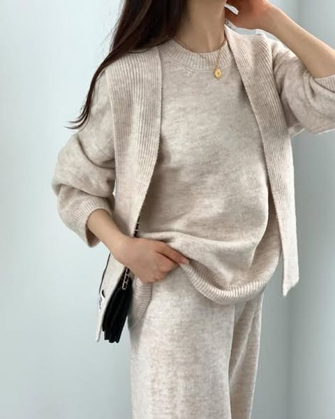 正韓連帽坑條披肩針織上衣&直筒舒服寬褲 套裝-158 (2)