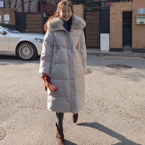 正韓大毛領壓紋鋪棉長版外套-198