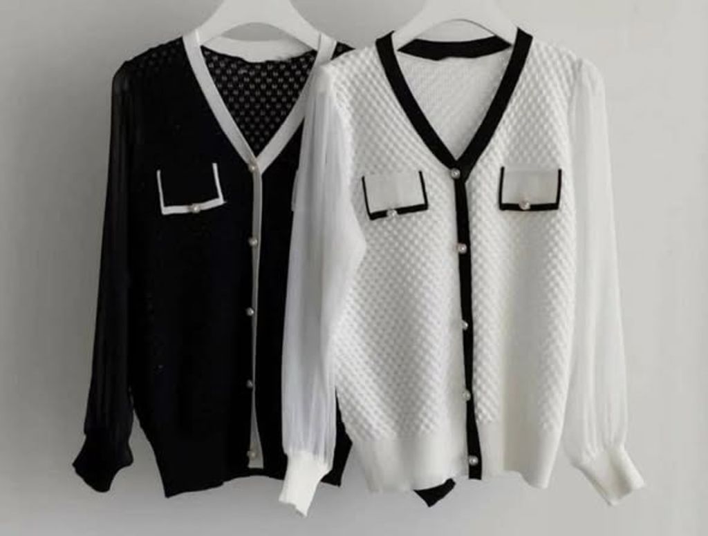 正韓小香風拼接雪紡袖針織上衣｜$980 (1)