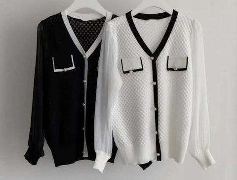 正韓小香風拼接雪紡袖針織上衣｜$980 (1)