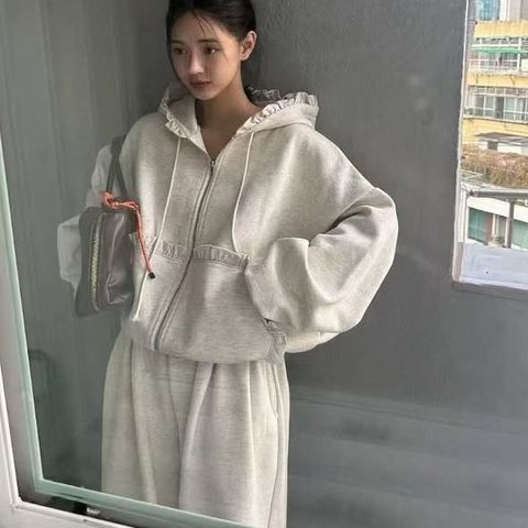 正韓荷葉滾邊連帽外套&褲腳抽繩長褲 套裝-148 (1)
