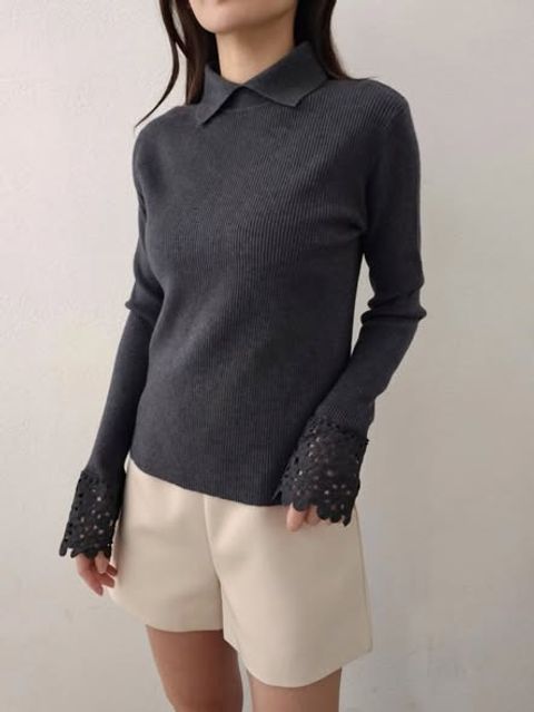 正韓雕花蕾絲袖口翻領羅紋羊毛針織上衣｜$1380 (1)