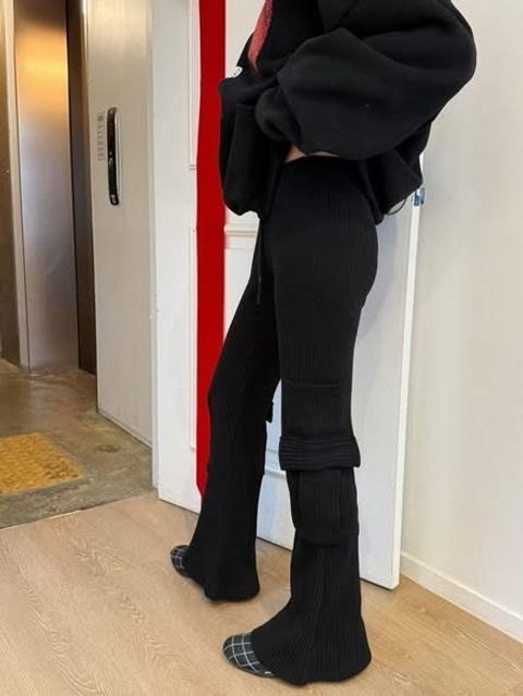 正韓工裝口袋修身羅紋喇叭褲-198 (1)