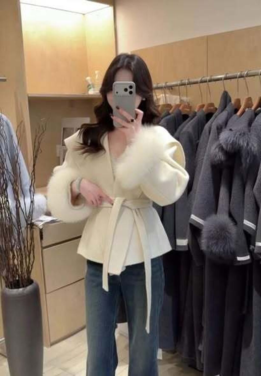 正韓質感毛毛滾邊腰綁帶短版大衣外套-398-2