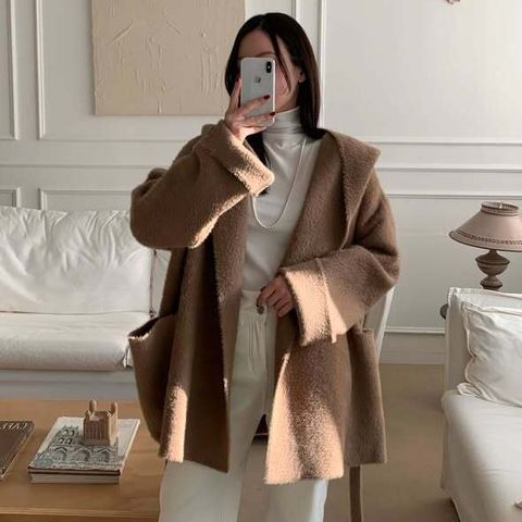 正韓極度優雅連帽垂墜腰帶半長大衣-198-5