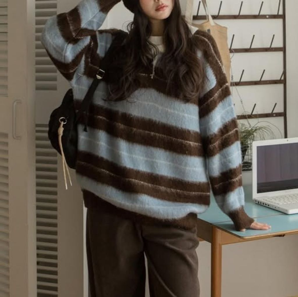 正韓毛海粗條配色軟棉針織上衣 $1180 (1)