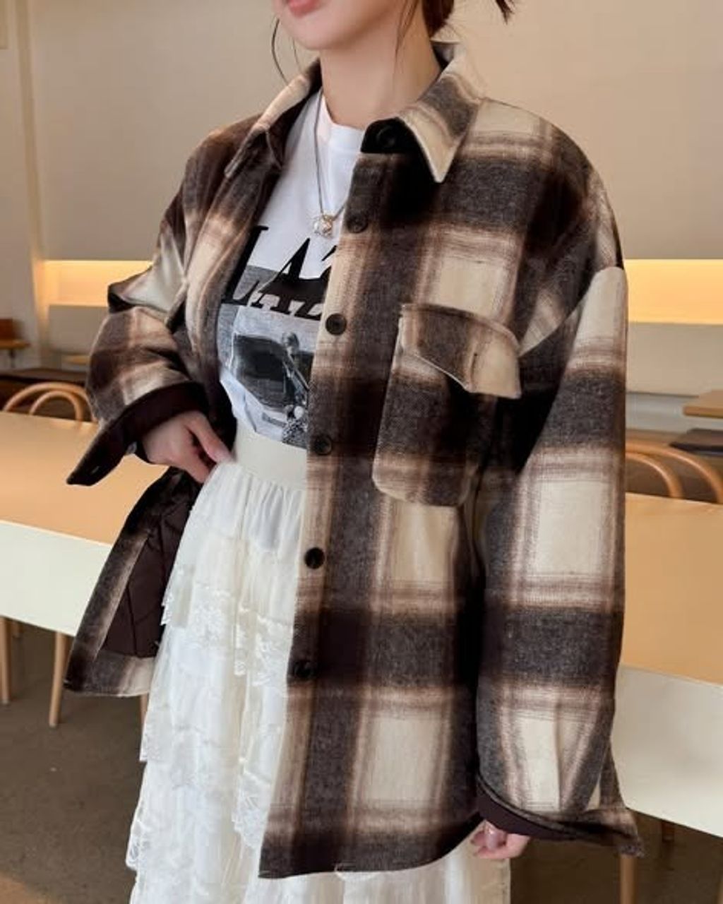 正韓格紋配色襯衫外套-168 (1)