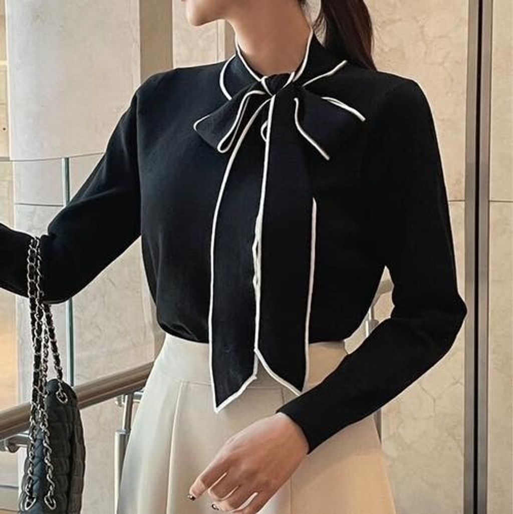 正韓側領蝴蝶結滾邊配色上衣 $795 (3)
