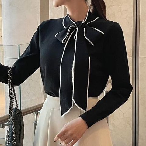 正韓側領蝴蝶結滾邊配色上衣 $795 (3)