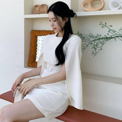 披肩袖開衩氣質腰帶洋裝-168 (1)