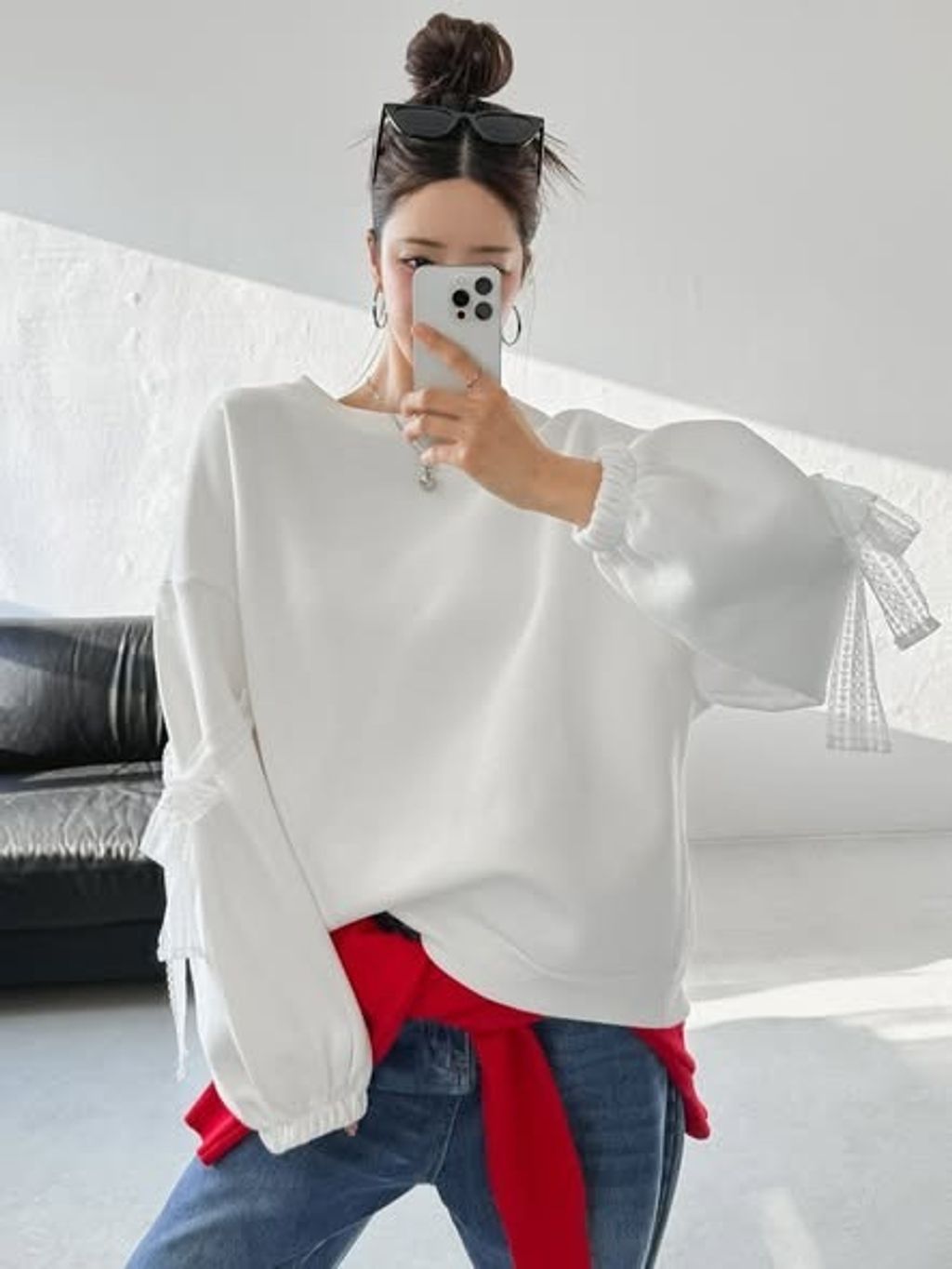 正韓蕾絲蝴蝶結袖綁帶大學 T 上衣 _ $980 (1)