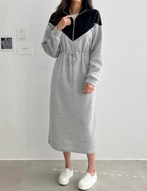 立領上拉鍊腰抽繩口袋洋裝 $890 (2)