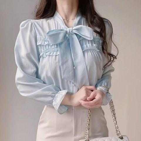 正韓荷葉領綁帶溫柔上衣 $980 (4)