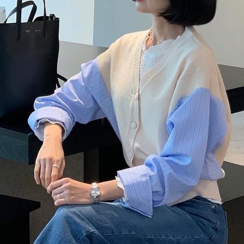 正韓拼接條紋配色袖連針織上衣 $980 (1)