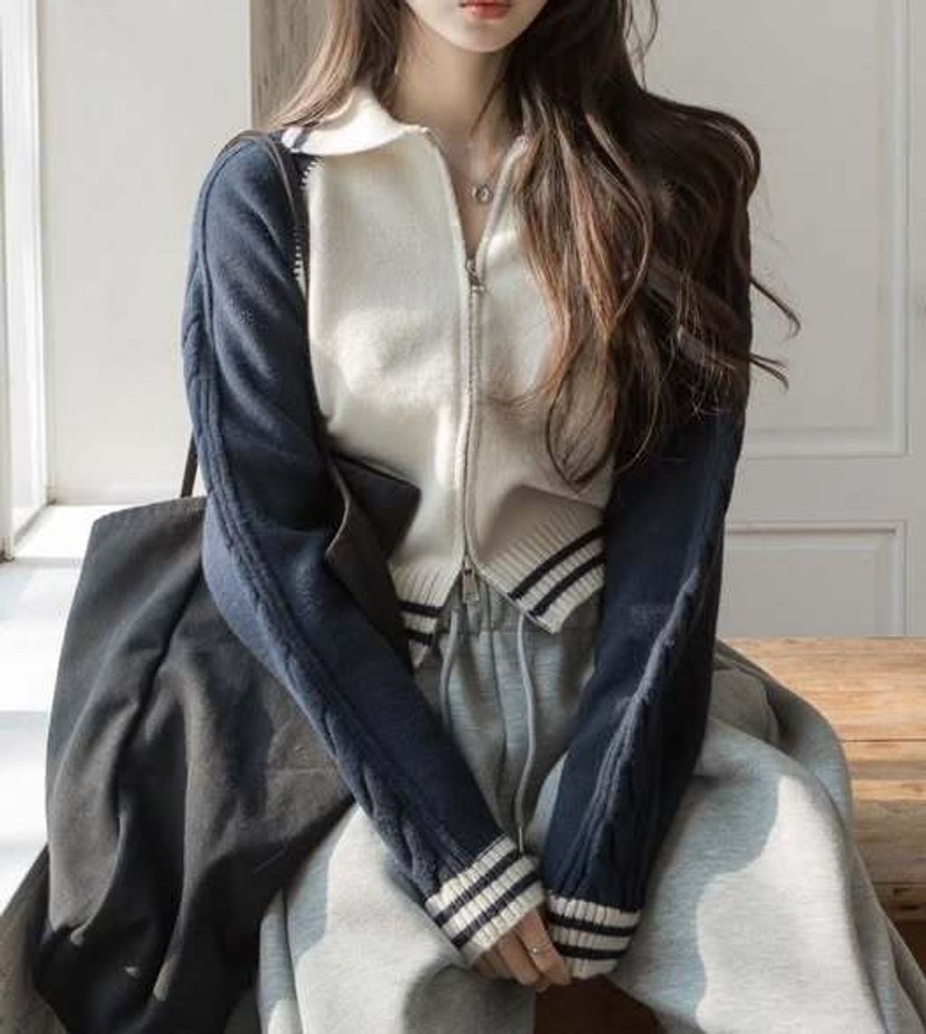 正韓袖配色拼接麻花針織外套 $890 (1)