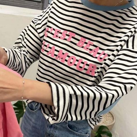 正韓條紋配色袖補釘休閒上衣 $495 (1)