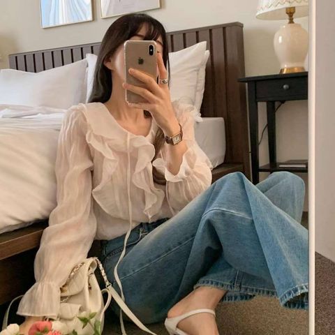 正韓荷葉滾邊蝴蝶結雪紡上衣｜超值價 $1280 (5)