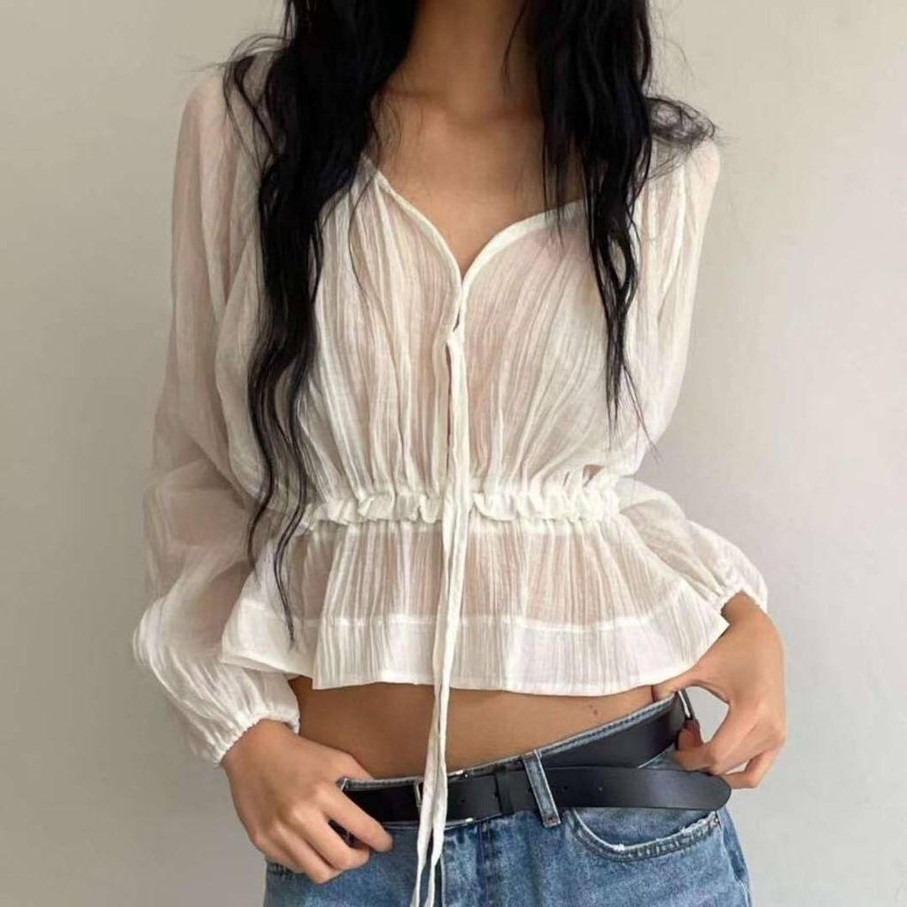 正韓浪漫透膚綁帶罩衫上衣-148 (5)