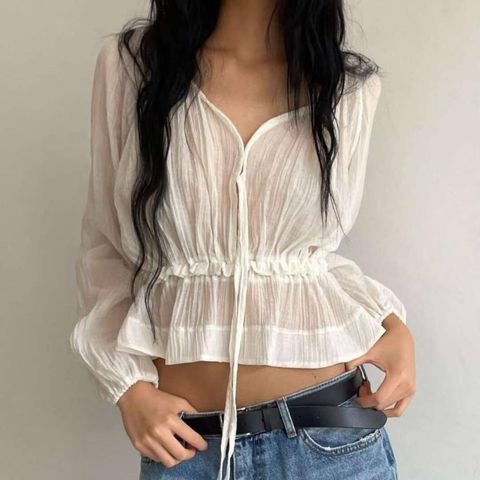 正韓浪漫透膚綁帶罩衫上衣-148 (5)