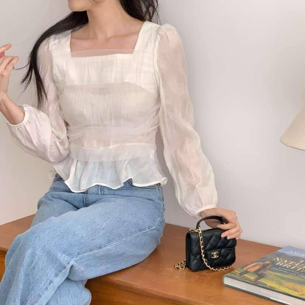正韓抓皺修身拼接雪紡紗上衣｜$1280 (5)