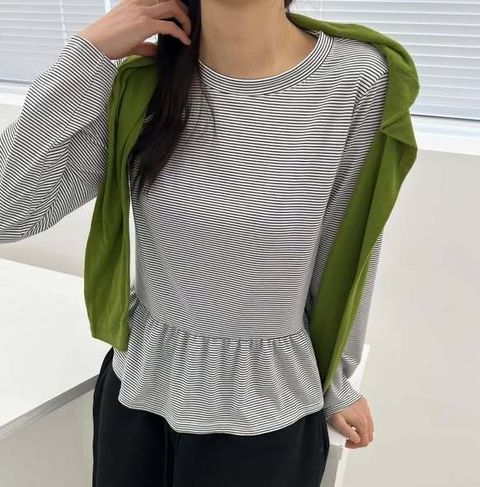 正韓下擺拼接荷葉條紋上衣$590 (1)