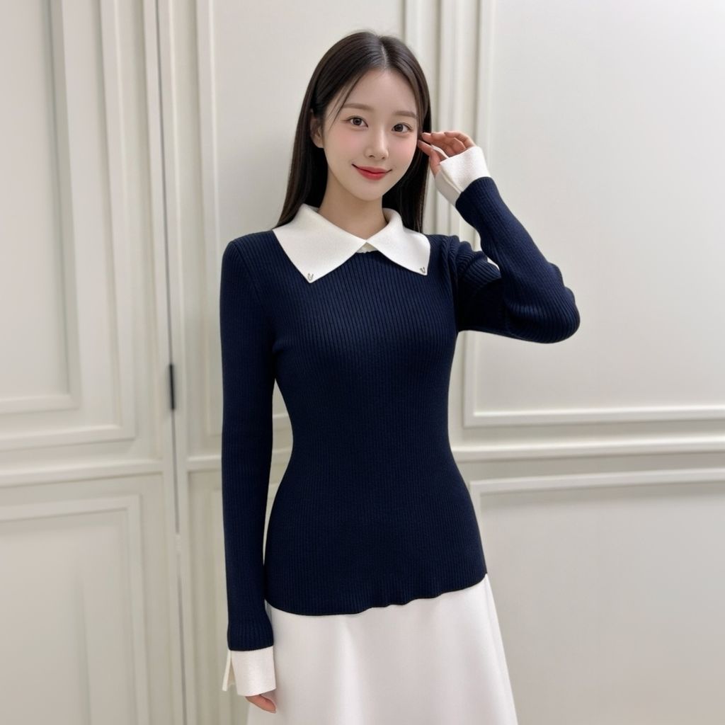 正韓學院風配色翻領針織上衣$795 (3)